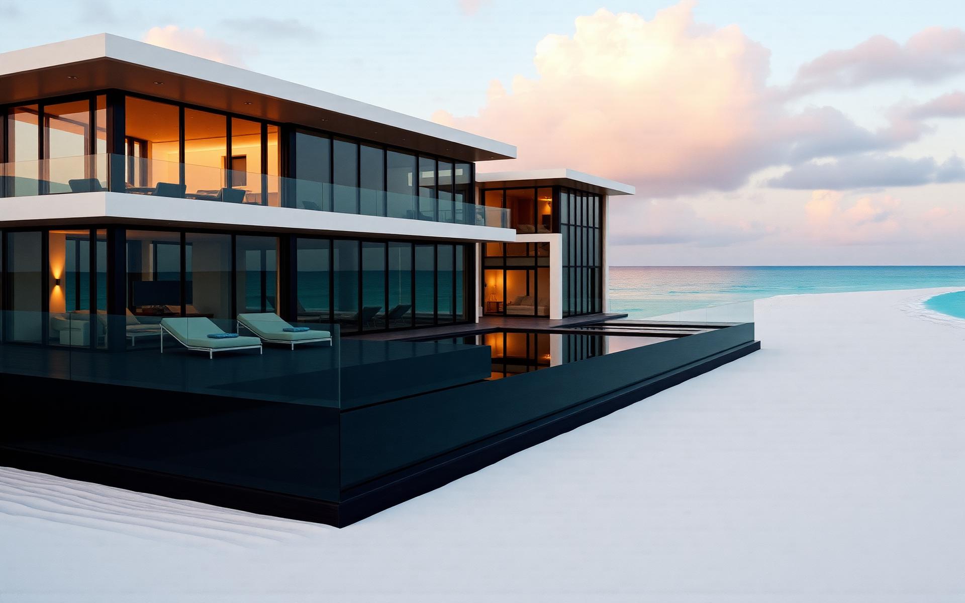 Modern oceanfront villa on a white sand Florida beach at golden hour